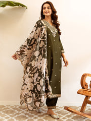 Indo Era Green Embroidered Straight Kurta Salwar With Dupatta set