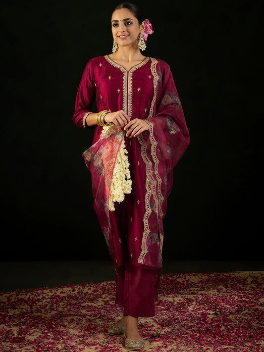 Indo Era Maroon Embroidered Straight Kurta Trousers With Dupatta set