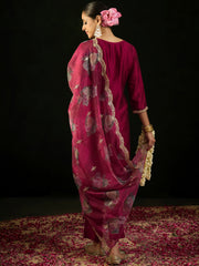 Indo Era Maroon Embroidered Straight Kurta Trousers With Dupatta set