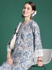 Indo Era Blue Printed Straight Kurta Trousers set