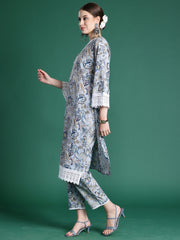 Indo Era Blue Printed Straight Kurta Trousers set