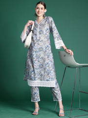 Indo Era Blue Printed Straight Kurta Trousers set