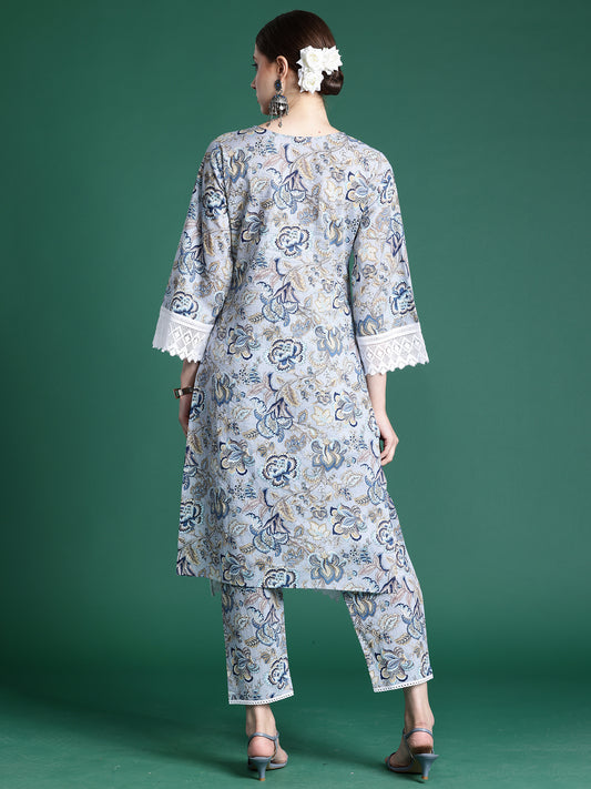 Indo Era Blue Printed Straight Kurta Trousers set