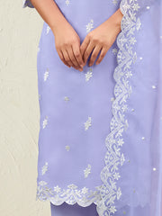 Indo Era Lavender Straight Embroidered Kurta Trousers With Dupatta Set