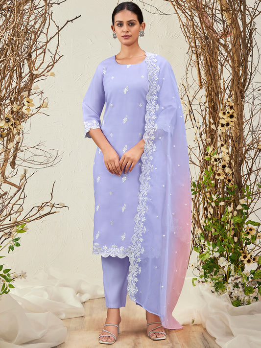 Indo Era Lavender Straight Embroidered Kurta Trousers With Dupatta Set