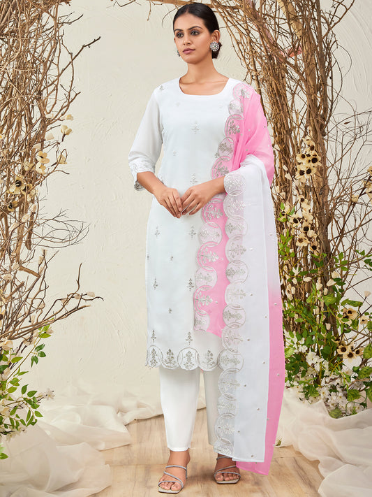 Indo Era White Straight Embroidered Kurta Trousers With Dupatta Set