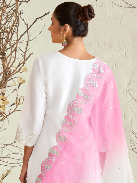 Indo Era White Straight Embroidered Kurta Trousers With Dupatta Set