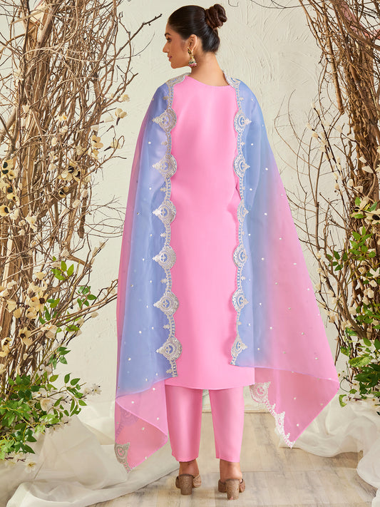 Indo Era Pink Straight Embroidered Kurta Trousers With Dupatta Set