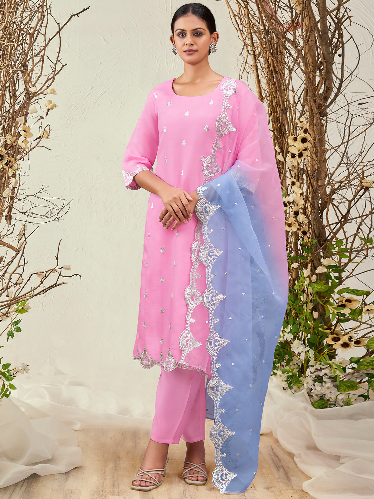 Indo Era Pink Straight Embroidered Kurta Trousers With Dupatta Set