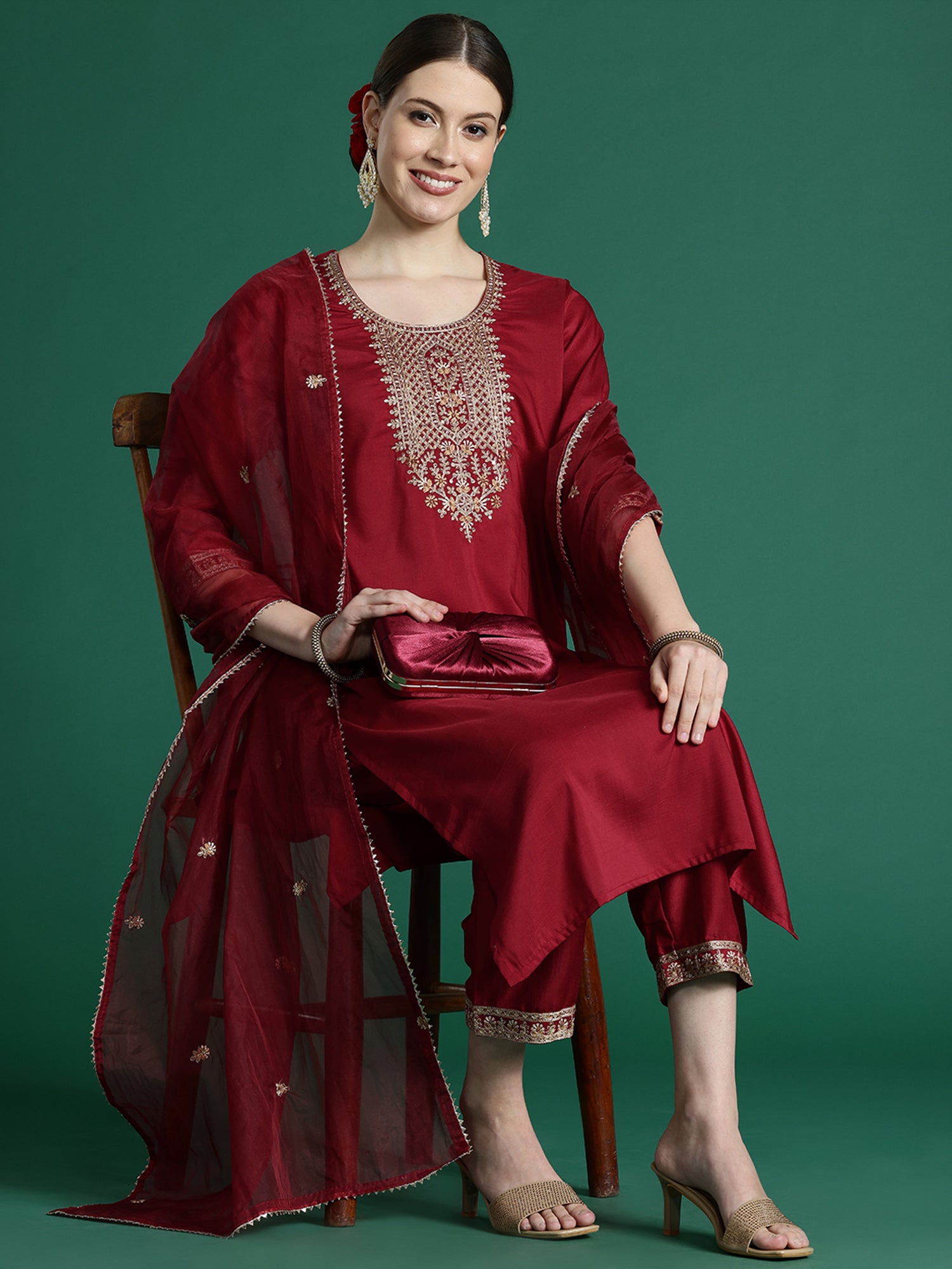 Maroon Embroidered Straight Kurta Trousers With Dupatta Set