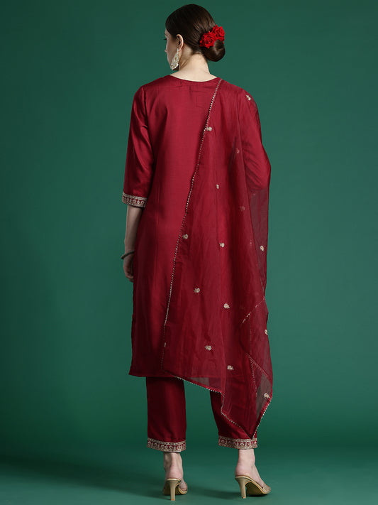 Indo Era Maroon Embroidered Straight Kurta Trousers With Dupatta set