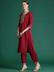 Indo Era Maroon Embroidered Straight Kurta Trousers With Dupatta set