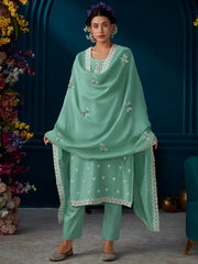 Indo Era Green Straight Embroidered Kurta Trousers With Dupatta Set