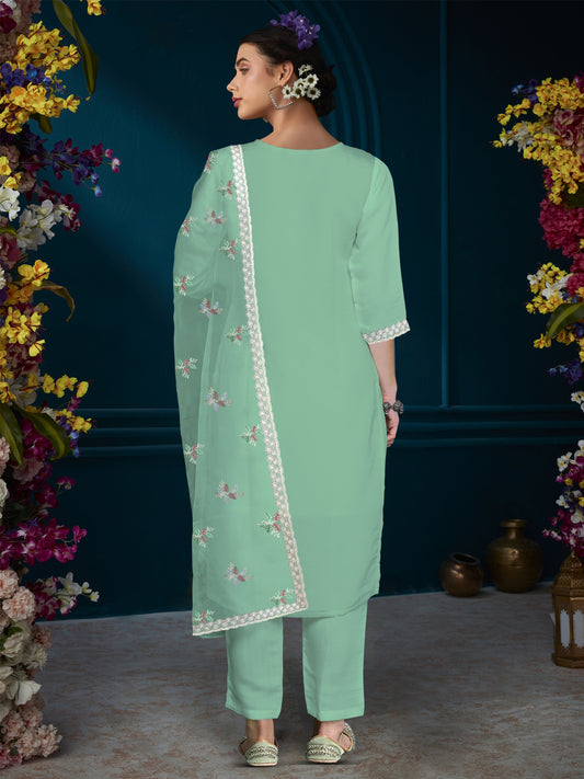 Indo Era Green Straight Embroidered Kurta Trousers With Dupatta Set