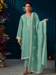 Indo Era Green Straight Embroidered Kurta Trousers With Dupatta Set