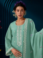 Indo Era Green Straight Embroidered Kurta Trousers With Dupatta Set