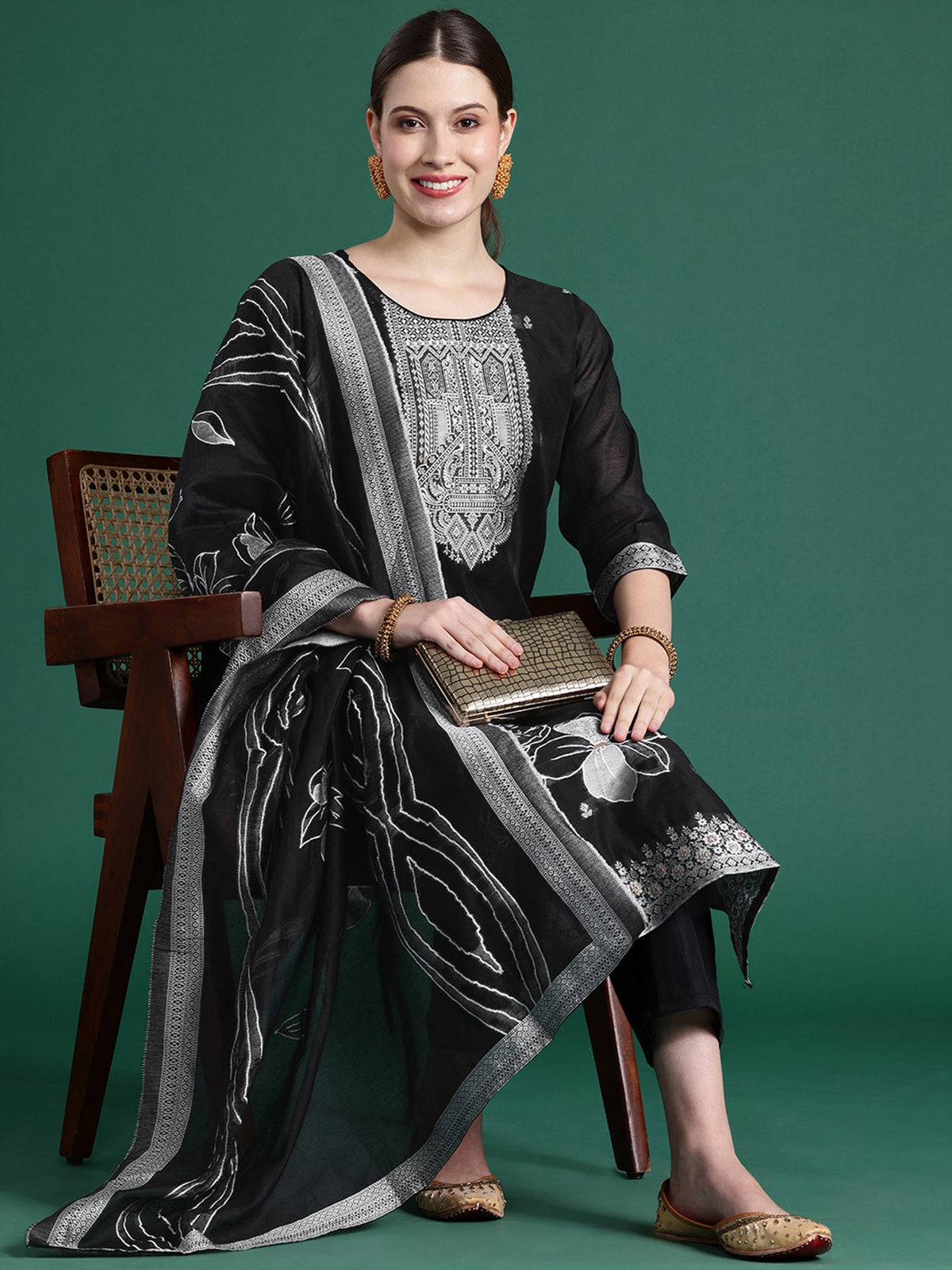 Indo Era Black Woven Design Straight Kurta Trousers set