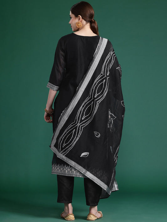 Indo Era Black Woven Design Straight Kurta Trousers set