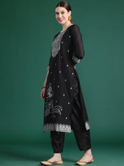 Indo Era Black Woven Design Straight Kurta Trousers set