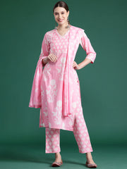 Indo Era Pink Printed Straight Kurta Trousers With Dupatta set