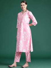 Indo Era Pink Printed Straight Kurta Trousers With Dupatta set