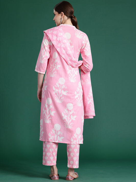 Indo Era Pink Printed Straight Kurta Trousers With Dupatta set