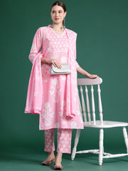 Indo Era Pink Printed Straight Kurta Trousers With Dupatta set