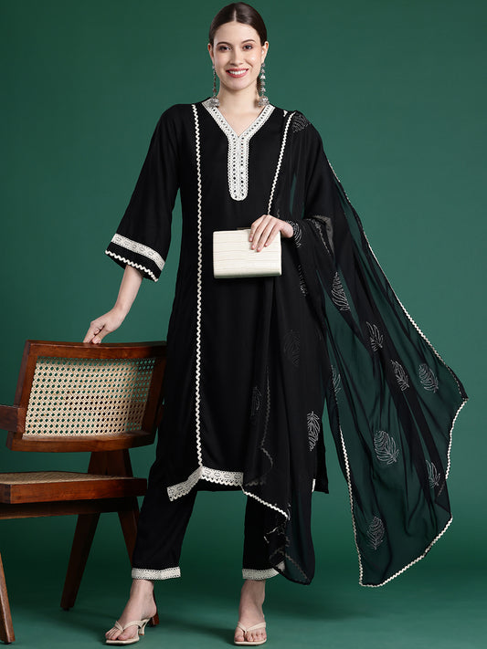 Indo Era Black Embroidered Straight Kurta Trousers With Dupatta set