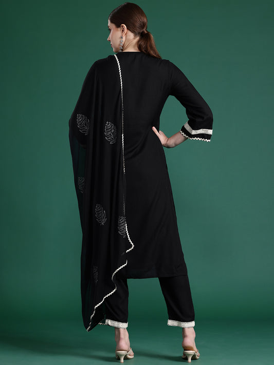 Indo Era Black Embroidered Straight Kurta Trousers With Dupatta set