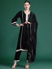 Indo Era Black Embroidered Straight Kurta Trousers With Dupatta set