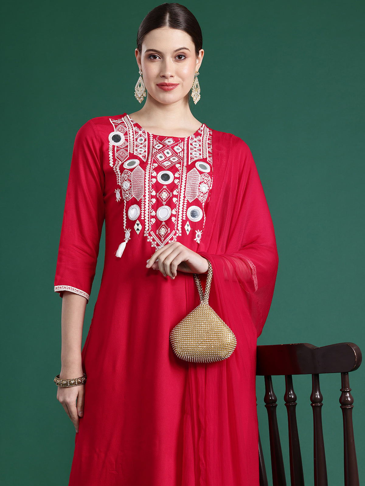 Indo Era Pink Embroidered Straight Kurta Trousers With Dupatta set