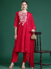 Indo Era Pink Embroidered Straight Kurta Trousers With Dupatta set