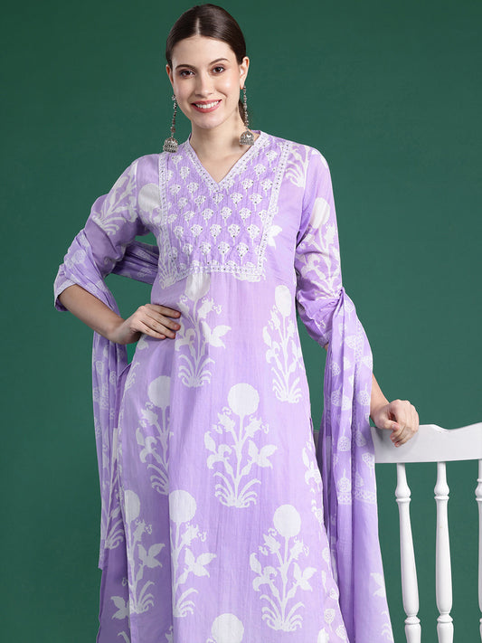 Indo Era Lavender Printed Straight Kurta Trousers With Dupatta set