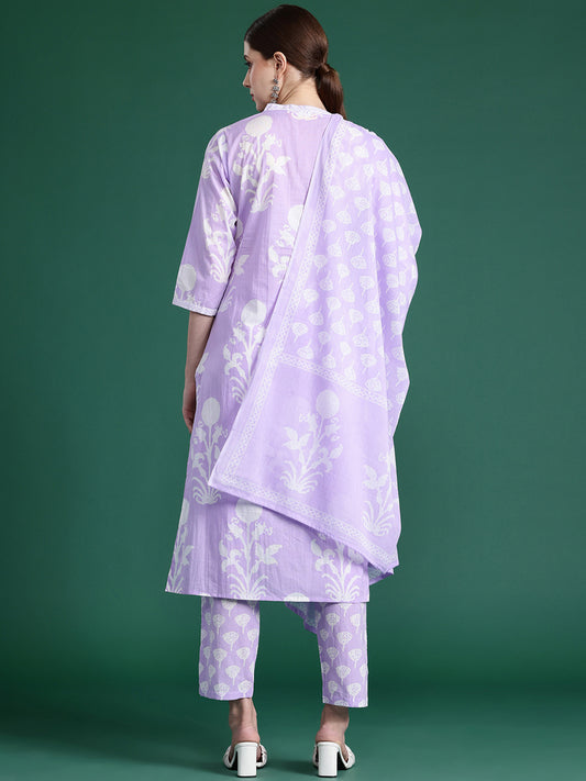 Indo Era Lavender Printed Straight Kurta Trousers With Dupatta set