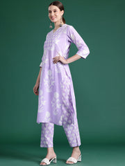 Indo Era Lavender Printed Straight Kurta Trousers With Dupatta set