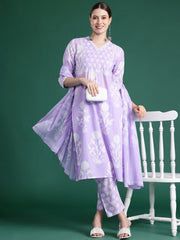 Indo Era Lavender Printed Straight Kurta Trousers With Dupatta set