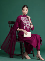 Indo Era Burgundy Embroidered Straight Kurta Trousers With Dupatta set