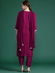 Indo Era Burgundy Embroidered Straight Kurta Trousers With Dupatta set