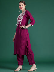 Indo Era Burgundy Embroidered Straight Kurta Trousers With Dupatta set