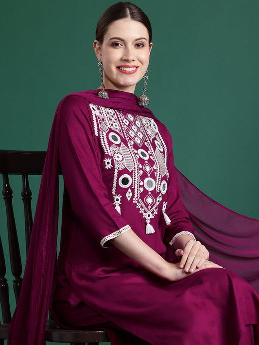 Indo Era Burgundy Embroidered Straight Kurta Trousers With Dupatta set