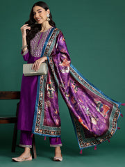 Indo Era Purple Embroidered Straight Kurta Trousers With Dupatta set