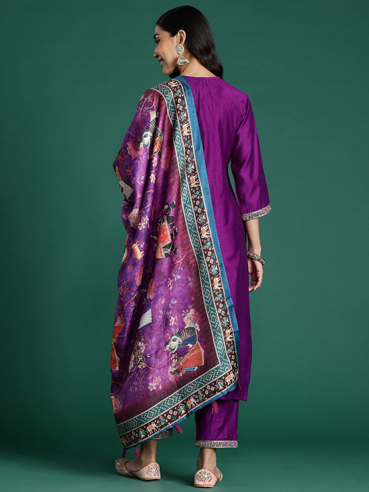 Indo Era Purple Embroidered Straight Kurta Trousers With Dupatta set