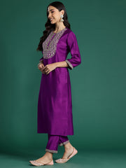 Indo Era Purple Embroidered Straight Kurta Trousers With Dupatta set