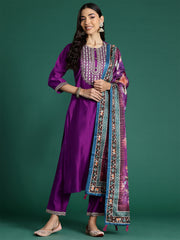 Indo Era Purple Embroidered Straight Kurta Trousers With Dupatta set