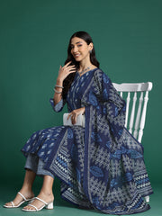 Indo Era Blue Printed Straight Kurta Trousers With Dupatta set