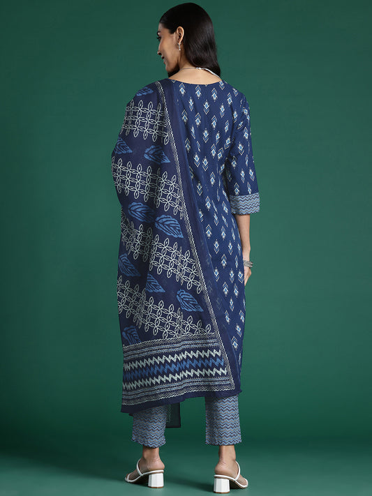 Indo Era Blue Printed Straight Kurta Trousers With Dupatta set