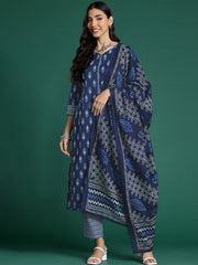 Indo Era Blue Printed Straight Kurta Trousers With Dupatta set