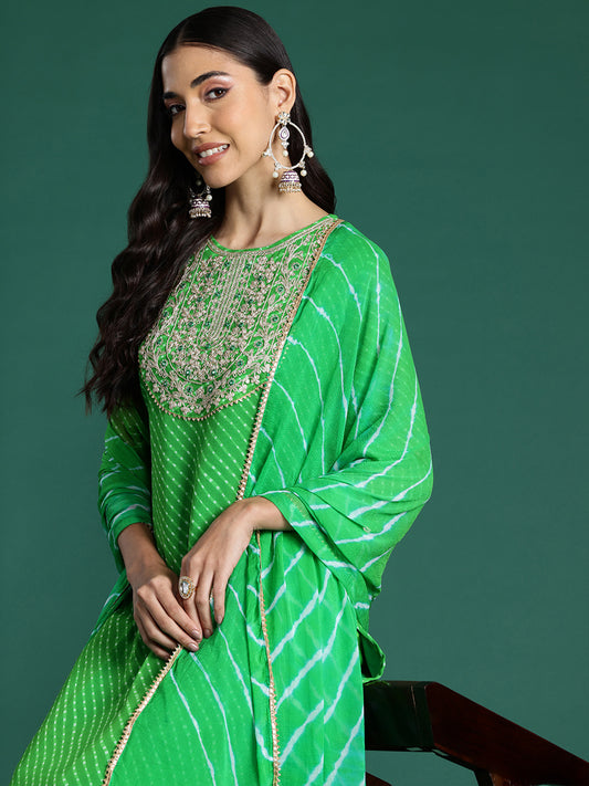 Indo Era Green Printed Straight Kurta Trousers With Dupatta set