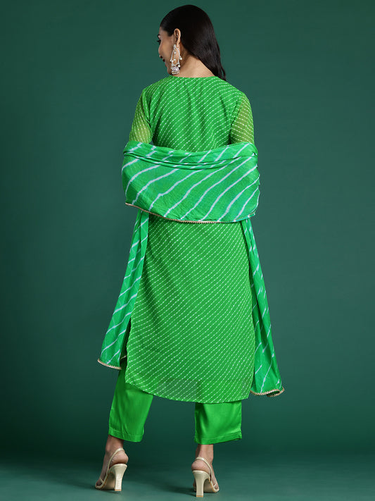 Indo Era Green Printed Straight Kurta Trousers With Dupatta set