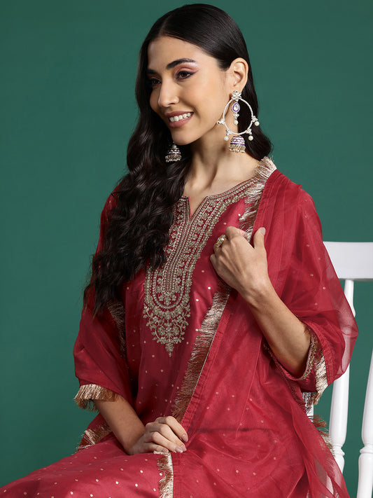 Indo Era Red Embroidered Straight Kurta Trousers With Dupatta set